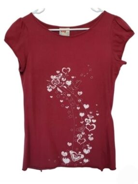 2347 * Roxy Red Graphic Heart Print Cap Sleeve Vintage Top L Vintage 90s Y2K